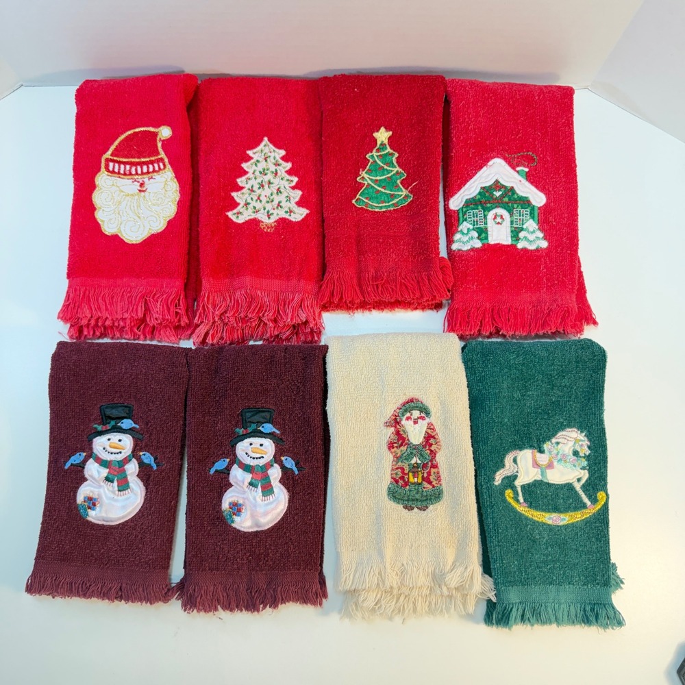 Cannon Vintage Christmas Hand Towels 8pc Set Red Green Santa Snowman Fringed